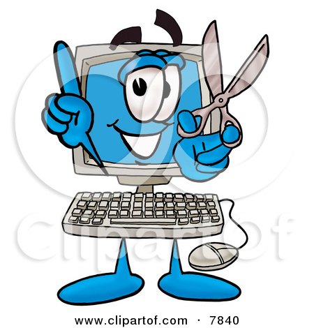 Clipart Picture of a Desktop Computer Mascot Cartoon Character Holding a Pair of Scissors by Mascot Junction