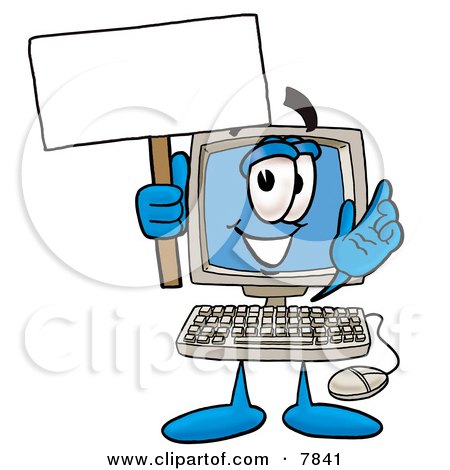 Clipart Picture of a Desktop Computer Mascot Cartoon Character Holding a Blank Sign by Mascot Junction