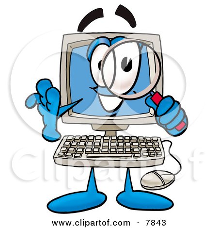 Clipart Picture of a Desktop Computer Mascot Cartoon Character Looking Through a Magnifying Glass by Mascot Junction