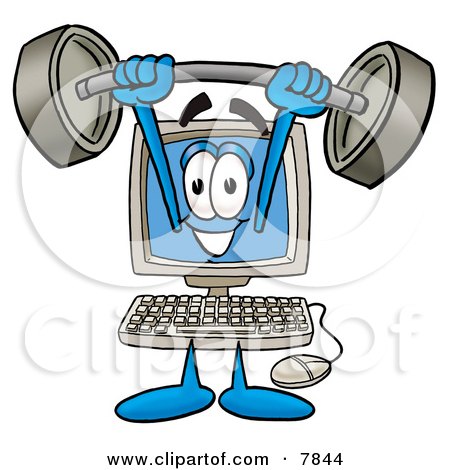 Clipart Picture of a Desktop Computer Mascot Cartoon Character Holding a Heavy Barbell Above His Head by Mascot Junction