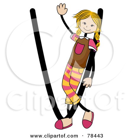 Royalty-Free (RF) Clipart Illustration of a Stick Kid Alphabet Letter V With A Girl by BNP Design Studio