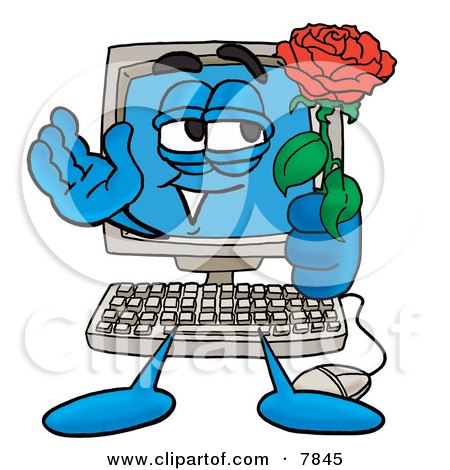Clipart Picture of a Desktop Computer Mascot Cartoon Character Holding a Red Rose on Valentines Day by Mascot Junction