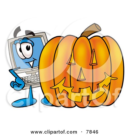 Clipart Picture of a Desktop Computer Mascot Cartoon Character With a Carved Halloween Pumpkin by Mascot Junction