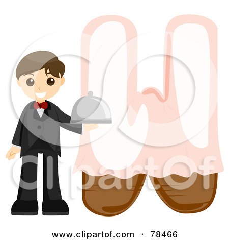 Royalty-Free (RF) Clipart Illustration of an Alphabet Kid Letter W With A Waiter by BNP Design Studio