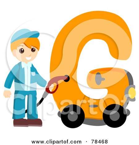 Royalty-Free (RF) Clipart Illustration of an Alphabet Kid Letter G With A Gas Station Attendant by BNP Design Studio