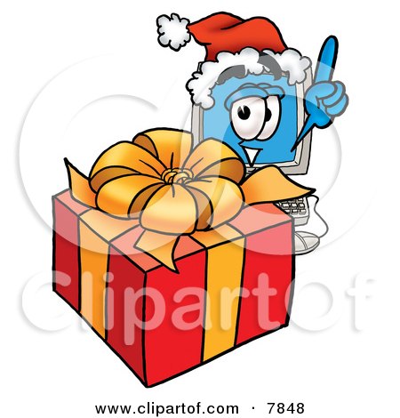 Clipart Picture of a Desktop Computer Mascot Cartoon Character Standing by a Christmas Present by Mascot Junction