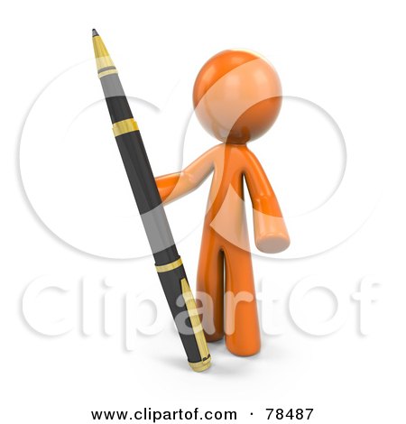 Royalty-Free (RF) Clipart Illustration of a 3d Orange Design Mascot Man Standing With A Large Pen by Leo Blanchette