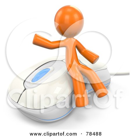 Royalty-Free (RF) Clipart Illustration of a 3d Orange Design Mascot Man Sitting On A Modern White Computer Mouse by Leo Blanchette