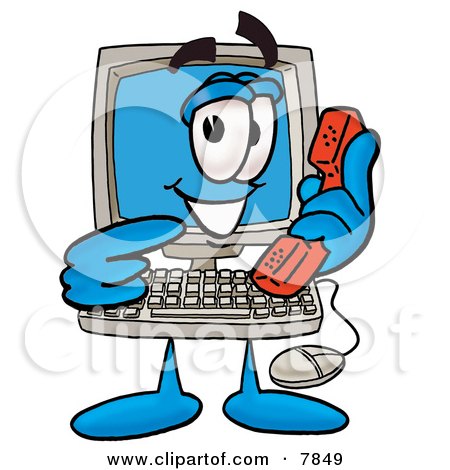 Clipart Picture of a Desktop Computer Mascot Cartoon Character Holding a Telephone by Mascot Junction