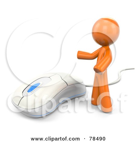 Royalty-Free (RF) Clipart Illustration of a 3d Orange Design Mascot Man Standing By A Modern White Computer Mouse by Leo Blanchette