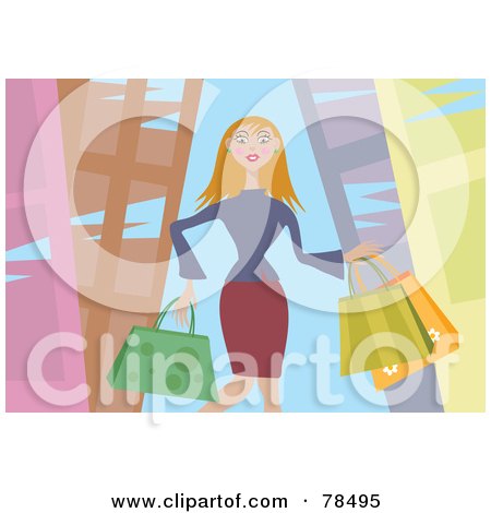 Royalty-Free (RF) Clipart Illustration of a Blond Woman Carrying Colorful Shopping Bags In A Mall by Prawny