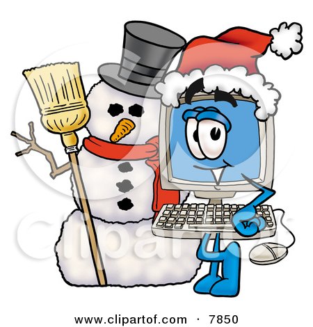 Clipart Picture of a Desktop Computer Mascot Cartoon Character With a Snowman on Christmas by Mascot Junction