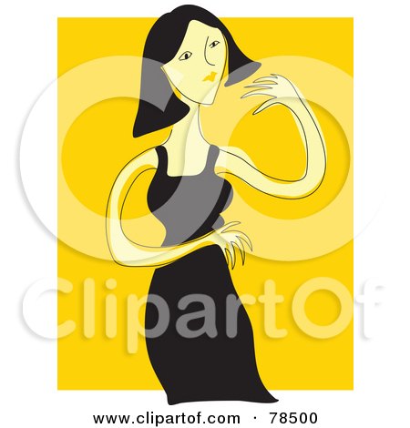 Royalty-Free (RF) Clipart Illustration of a Black Haired Woman Dancing In A Black Dress Over Yellow by Prawny