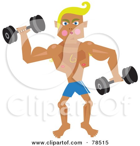 Royalty-Free (RF) Clipart Illustration of a Strong Body Builder Puffing And Lifting Weights by Prawny