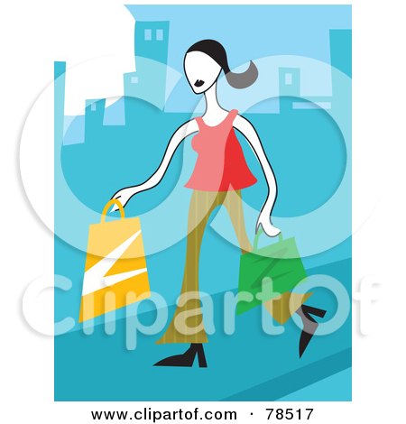 Royalty-Free (RF) Clipart Illustration of a Blond Woman Carrying Colorful Shopping Bags In A Blue City by Prawny