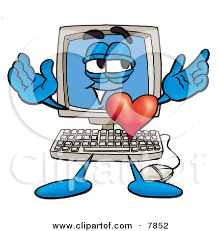 Clipart Picture of a Desktop Computer Mascot Cartoon Character With His Heart Beating Out of His Chest by Mascot Junction