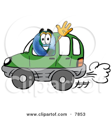 Clipart Picture of a World Earth Globe Mascot Cartoon Character Driving a Blue Car and Waving by Mascot Junction