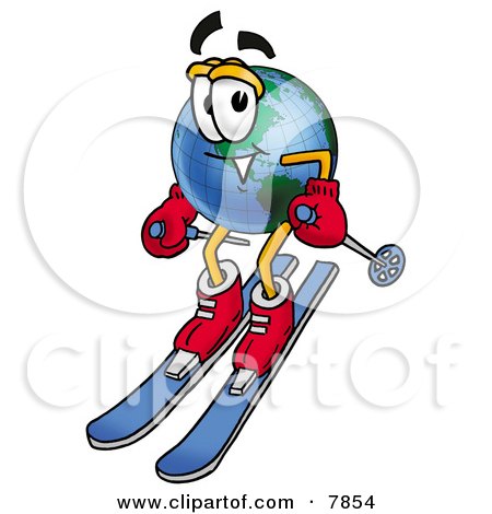 Clipart Picture of a World Earth Globe Mascot Cartoon Character Skiing Downhill by Mascot Junction