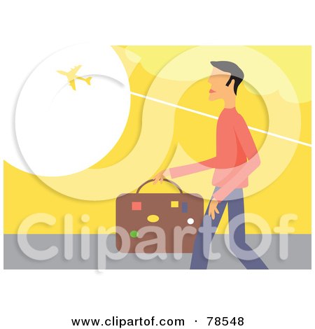 Royalty-Free (RF) Clipart Illustration of a Traveling Man Carrying Luggage And Watching A Plane Fly Above by Prawny