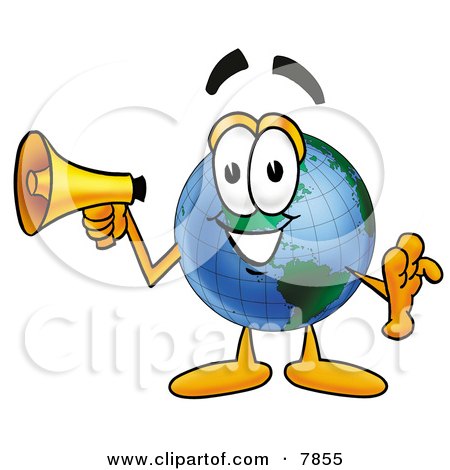 Clipart Picture of a World Earth Globe Mascot Cartoon Character Holding a Megaphone by Mascot Junction