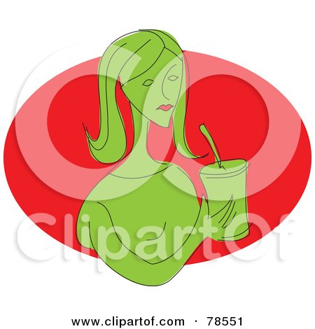Royalty-Free (RF) Clipart Illustration of a Green Woman Drinking A Soda Over A Red Oval by Prawny