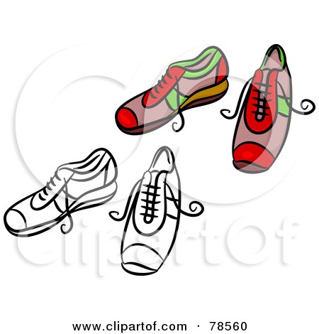 Royalty-Free (RF) Clipart Illustration of a Digital Collage Of Red Trainer Shoes With A Black Outline by Prawny