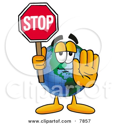 Clipart Picture of a World Earth Globe Mascot Cartoon Character Holding a Stop Sign by Mascot Junction
