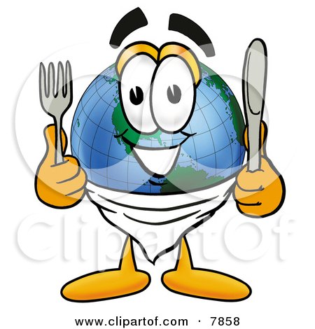 Clipart Picture of a World Earth Globe Mascot Cartoon Character Holding a Knife and Fork by Mascot Junction