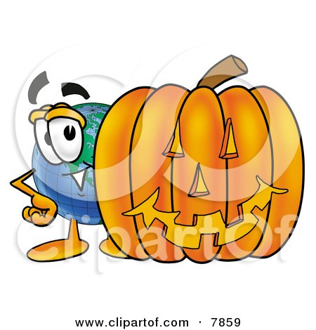 Clipart Picture of a World Earth Globe Mascot Cartoon Character With a Carved Halloween Pumpkin by Mascot Junction