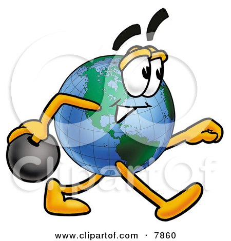 Clipart Picture of a World Earth Globe Mascot Cartoon Character Holding a Bowling Ball by Mascot Junction