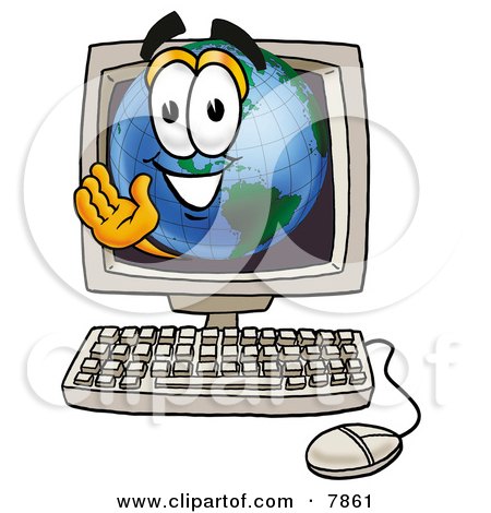 Clipart Picture of a World Earth Globe Mascot Cartoon Character Waving From Inside a Computer Screen by Mascot Junction