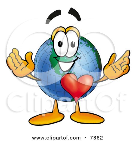 Clipart Picture of a World Earth Globe Mascot Cartoon Character With His Heart Beating Out of His Chest by Mascot Junction
