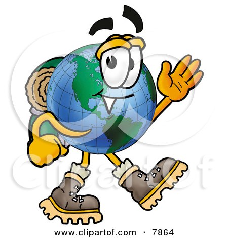 Clipart Picture of a World Earth Globe Mascot Cartoon Character Hiking and Carrying a Backpack by Mascot Junction