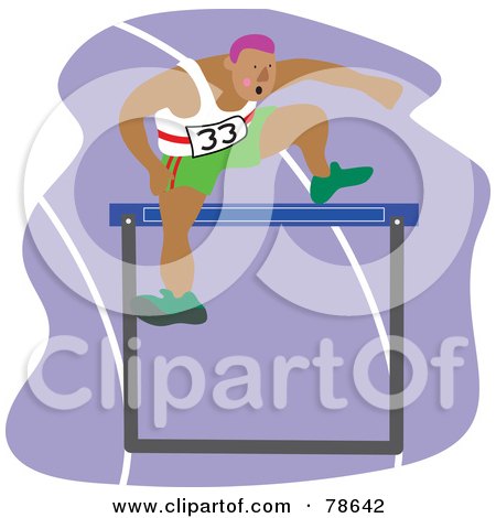 Royalty-Free (RF) Clipart Illustration of a Man Leaping A Hurdle On A Purple Track by Prawny