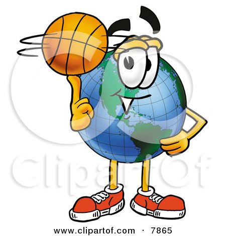 Clipart Picture of a World Earth Globe Mascot Cartoon Character Spinning a Basketball on His Finger by Mascot Junction