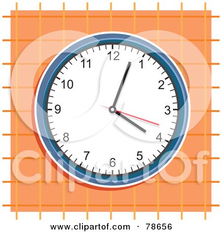 Royalty-Free (RF) Clipart Illustration of a Round Wall Clock On An Orange Grid Background by Prawny