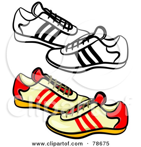 Royalty-Free (RF) Clipart Illustration of a Digital Collage Of Mens Trainers Shoes With A Black Outline by Prawny