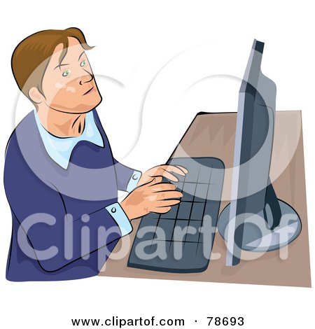 Royalty-Free (RF) Clipart Illustration of a Brunette Man Using A Computer At A Desk by Prawny