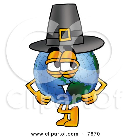 Clipart Picture of a World Earth Globe Mascot Cartoon Character Wearing a Pilgrim Hat on Thanksgiving by Mascot Junction