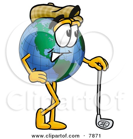 Clipart Picture of a World Earth Globe Mascot Cartoon Character Leaning on a Golf Club While Golfing by Mascot Junction