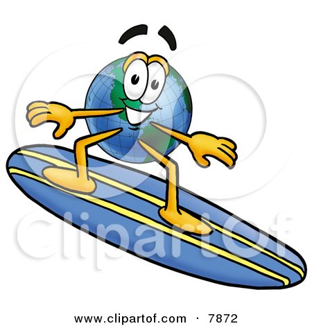 Clipart Picture of a World Earth Globe Mascot Cartoon Character Surfing on a Blue and Yellow Surfboard by Mascot Junction