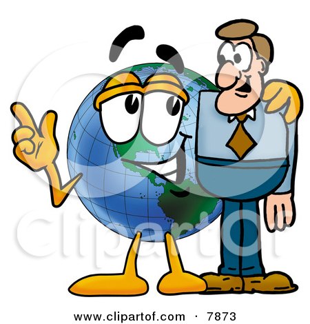 Clipart Picture of a World Earth Globe Mascot Cartoon Character Talking to a Business Man by Mascot Junction