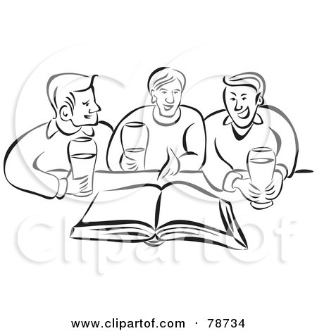 Royalty-Free (RF) Clipart Illustration of Three Black And White Men Discussing A Book With Beverages by Prawny