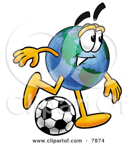 Clipart Picture of a World Earth Globe Mascot Cartoon Character Kicking a Soccer Ball by Mascot Junction