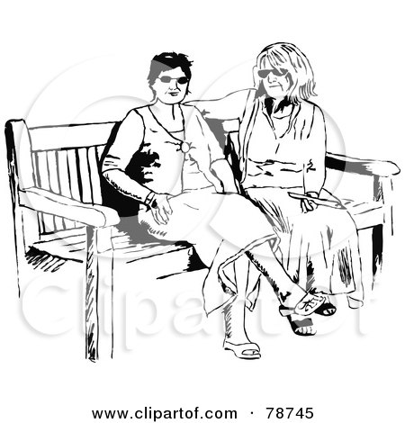 Royalty-Free (RF) Clipart Illustration of Black And White Female Friends Sitting On A Bench by Prawny