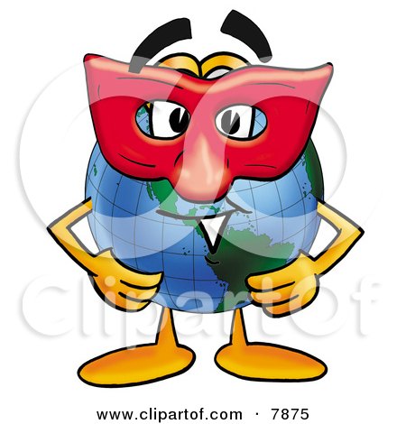 Clipart Picture of a World Earth Globe Mascot Cartoon Character Wearing a Red Mask Over His Face by Mascot Junction