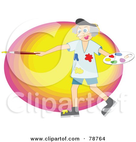 Royalty-Free (RF) Clipart Illustration of a Senior Male Artist Holding A Palette And Paintbrush Over A Colorful Oval by Prawny