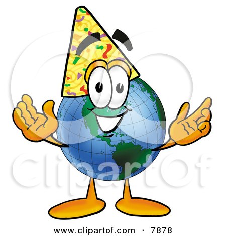 Clipart Picture of a World Earth Globe Mascot Cartoon Character Wearing a Birthday Party Hat by Mascot Junction