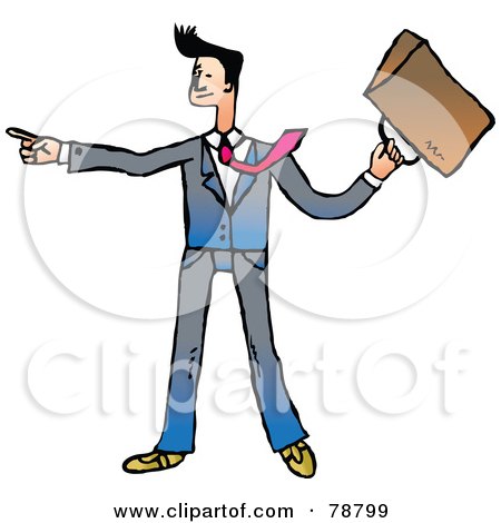 Royalty-Free (RF) Clipart Illustration of a Pointing Businessman Holding Up His Briefcase by Prawny