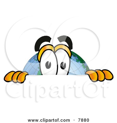 Clipart Picture of a World Earth Globe Mascot Cartoon Character Peeking Over a Surface by Mascot Junction